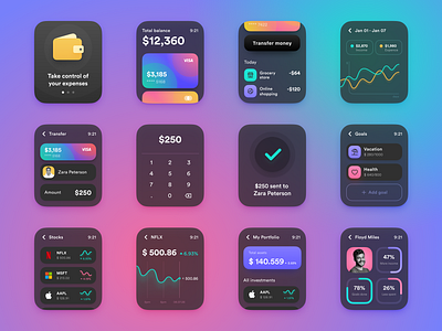 Apple watch dark theme apple watch banking chart credit card dark dark theme design design app finance graphics icon money onboarding stock transfer typography ui ux wallet watch os