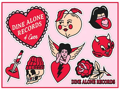 Dine Alone Records Valentines Sticker Sheet 4ever dagger devil hearts just peachy merch peach promo item rose skull stickers tattoo flash typography valentinesday