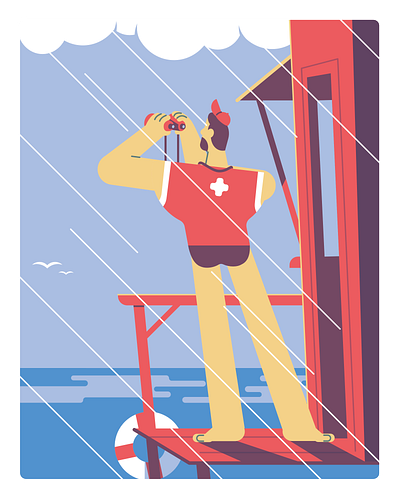 Lifeguard beach binoculars character flat illustration lifeguard man vector