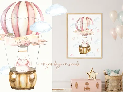 "Over The Sky" Cute Watercolor Bunnies illustrations Nursery ar animal baby shower bunny card cartoon clipart cute flying bunny greeting card hot air balloon illustration kids nursery rabbit vintage wall art watercolor woodland