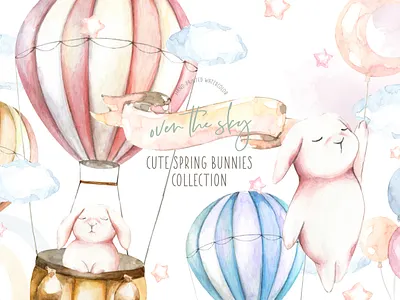 "Over The Sky" Cute Watercolor Bunnies illustrations Nursery art animal baby shower balloon bunny cartoon clipart cute flying bunny greeting card hot air balloon illustration kids nursery printable rabbit wall art watercolor woodland