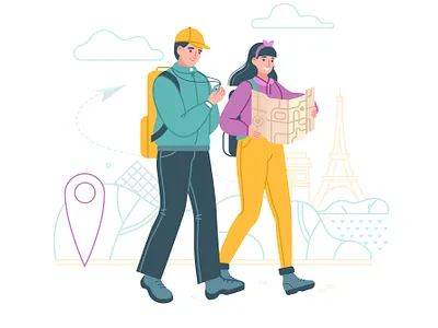 Travelers 2d adobe illustrator art flat flat style illustartion illustration illustrator man map paris point textured travel travel agency vector woman