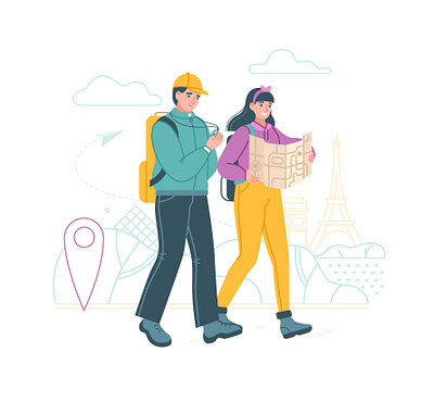 Travelers 2d adobe illustrator art flat flat style illustartion illustration illustrator man map paris point textured travel travel agency vector woman