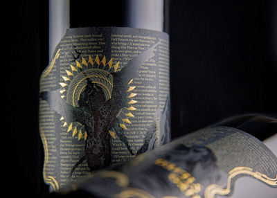 Devils Gate Wine Works black black on black black paper closeup detail devil foil gold illustration label metallic ink print design spot gloss spot varnish trident typography wine bottle