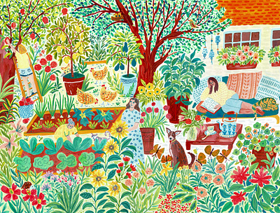 Summer Garden art chicken country dog drawing flowers garden gouache hand drawn illustration nature painting summer together