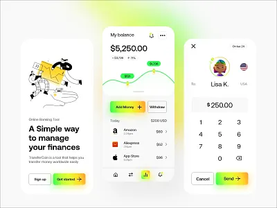 TransferCoin - Simple Banking mobile app app design app ui appdesign bank creative financial fintech gradient green mobile app mobile ui money ui ux