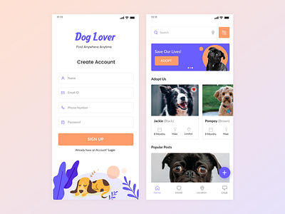 Dog Lover - Mobile App Design adobe xd adobexd app design dogs app illustrations minimal design mobile app design mobile ui mobile ui design pets ui ui design ux design