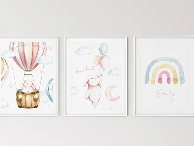 "Over The Sky" Cute Watercolor Bunnies illustrations Nursery art watercolor