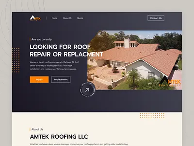 Amtek Roofing LLC Sales Funnel Landing Page UI Design architecture branding construction contractors dark mode elementor elementor pro home builder home services homeowner homepage housing landing page modern design real estate roof roofer roofing service web design