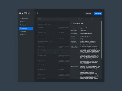 Endless appointment arial clean daily ui dark mode drugs endless guides materials medicine minimalism orders patients reports table user interface web design