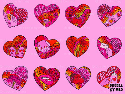 Valentine Zodiac Collection 70s astrology design drawing hand lettering hearts horoscope horoscopes illustration lettering procreate psychedelic rainbow typography valentine valentines day vintage zodiac zodiac sign zodiac signs