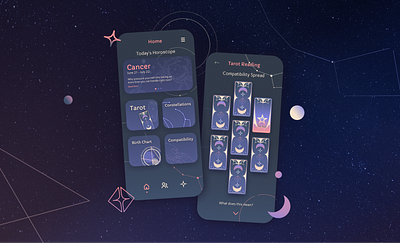 Astrology & Tarot UI Concept app astrological astrology design fantasy horoscope horoscopes illustration illustration art ios mobile ui mystical space tarot tarot card tarot deck typography ui ux vector