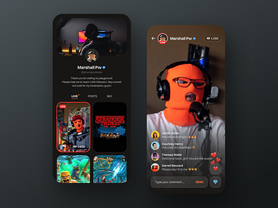 Livestream Mobile App 3d app comments dark game heart hood live mobile orange podcast product design profile reaction sharing social stream swag theme twitch