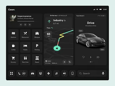 EV Car Dashboard air conditioner car card clean control dark dark mode dark theme direction drive driving electric car ev map modern music navigation tesla ui ux