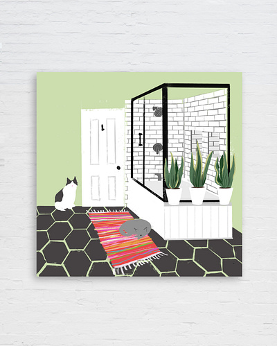 Kitties In The Loo bathroom bold cats color cute cute illustration design digital art digital drawing digital illustration drawing green illustration illustration art illustration artist illustrator kitties plants texture