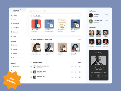 Audible Dashboard Concept Main audible audio player audiobook books concept concepts dashboard dashboard app dashboard ui figma source file freebie library mp3 player