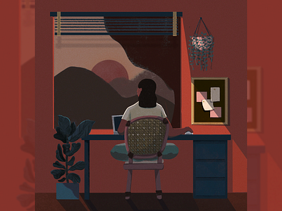 Evening✨ asian illustrator chillvibe design evening illustration lofi plant roominspo studio study sunset