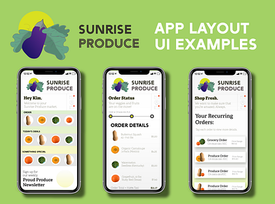 Sunrise Produce UI App Mockup Examples app app interface app mockup brand brand and identity brand design branding design design graphic design icon illustration logo logos mockup mockup design product design typography ui uiux ux