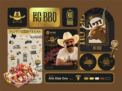 KG BBQ - Brand Identity austin bbq black and gold brand desing brand identity branding cowboy egypt egyptian golden graphic design kg lettering logo moustache texas typography