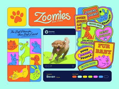 Zoomies - Brand Identity bento bento grid brand design brand identity branding colorful dog illustration dog park dogs fun grass lettering logo design park pets playful playful lettering stickers zoom zoomies