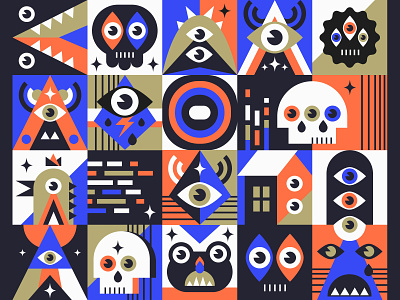 Monsters Geometric Pattern abstract background dailyui design flat geometric art geometric design geometry gold icon identity illustration minimal monster pattern shape elements shapes skull ui vivid