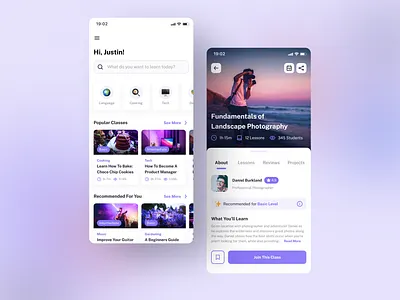 Online Course App — Exploration Design card class clean course e learning elegant learning learning app learning platform mobile app mobile ui mooc online course purple skills study ui ux violet