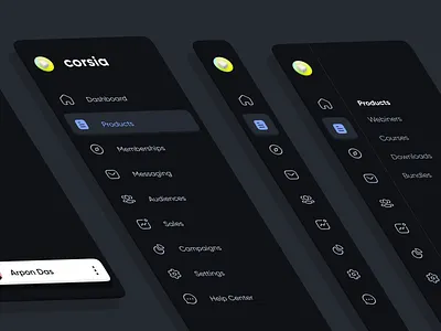 Corsia - Sidebar Design Exploration 3d app branding clean dark dashboad design graphic design interface isometric lcon minimal ui ux vector web web app webapp website website design