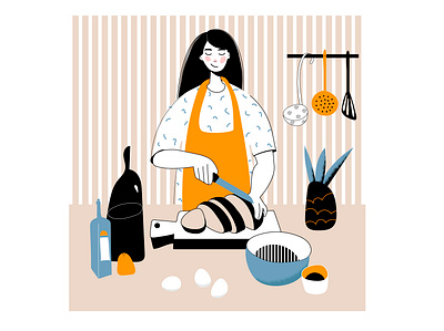 A young beautiful girl in the kitchen slices bread beauty cartoon character design face female illustration sticker ui