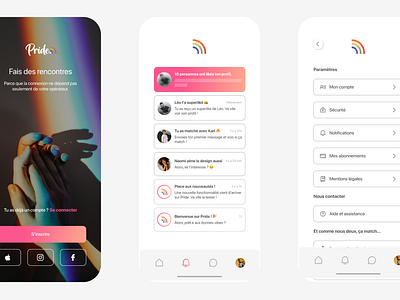 Pride accueil, notification et paramètres accueil app design graphic design illustration lgbt lgbtqia logo meet notification parametre pride sign in sign up typography ui ux