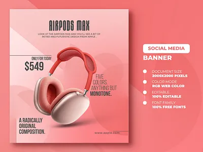 AirPods Max Social Media Banner Template ads airpods banner banner design banner inspiration banner template design facebook ads google ads promotional banner responsive shopify banner social social media banner social media banner mockup typography web banner web banner design