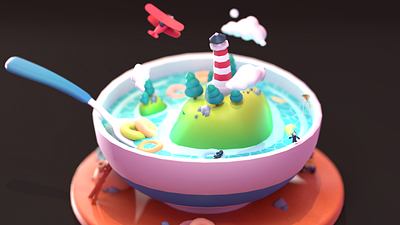 Cereal Island 3d 3d art 3dillustration blender bowl cereal clouds creativity fantasy fantasyworld island lake lighthouse plane sea trees