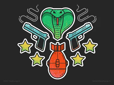 Atomic Cobros 🐍 2d adobe atomic bomb badge biker gang claudio barreiro cobra crest digital art digital illustration drawing goallounge tv gun illustration motor bike pistol snake stars vector vector illustration