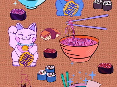 2 art cat digitalart food illustraion illustration illustration art japanese food manekineko ramen