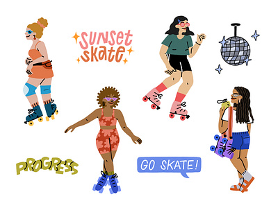 Roller Skating Girls disco exercise illustration illustration art illustrator lettering nostalgia photoshop procreate roller disco roller skating skating sticker stickers sunset typogaphy venice beach