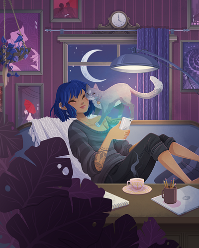 Quiet Night at Home - Personal cat cozy cute dark evening illustration laptop moon night pencil phone pictures relax sketch sofa star steam sweet tea window