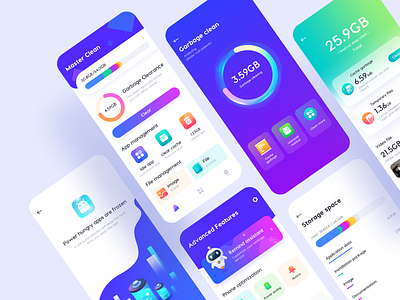 Phone Clean App app branding flat gradient icon illustration logo recharge robot safety schedule typography ui ux web