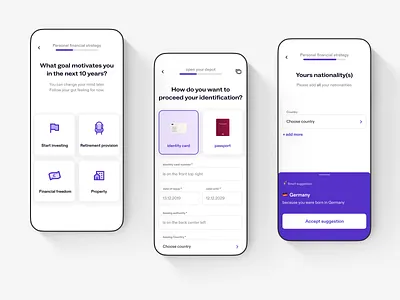Onboarding Funnel Banking App ai app app design auto fill banking berlin fintech goal selection identity input fields layer minimal multi select passport process single select suggestion ui