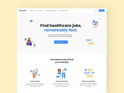 NurseFly Homepage Exploration clean fast fun health human icon illustration job landingpage nurse profile travel typography ui ux website work