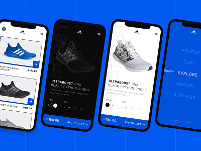 Adidas Mobile App adidas adidas originals app app design blue branding dark ui design minimal mobile app design mobile ui shoe design shoes sports design trendy