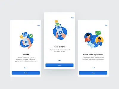Onboarding Screens android app clean design flat game illustration interface minimal mobile ui ui ux vocabulary