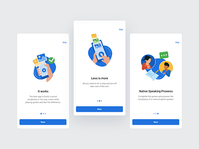 Onboarding Screens android app clean design flat game illustration interface minimal mobile ui ui ux vocabulary
