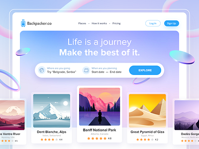 Backpacker - Travel Website 2021 trend 3d app booking branding cards daily ui design design trends gradient hero section illustration ios landingpage logo design product design travel typography ui ux website