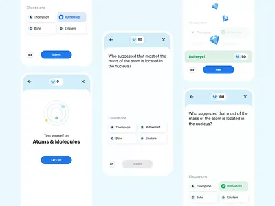 Quiz Gems 2d animation answer design education elearning gamification gems illustration minimal motion motion design product questions quiz school study ui vector win
