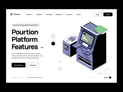 pourtion: web design, product page, hero header, illustration app data database deliver development features fintech hero header illustration isometric landing page market platform product page saas stocks teams visual identity web design web page