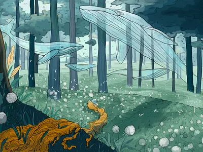 Mist whales animal artist book illustration botanical art childrens book childrens illustration dandelions digital illustration fantasy flower illustration forest illustration illustrator kid art tale whale