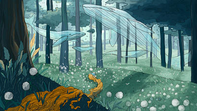 Mist whales animal artist book illustration botanical art childrens book childrens illustration dandelions digital illustration fantasy flower illustration forest illustration illustrator kid art tale whale
