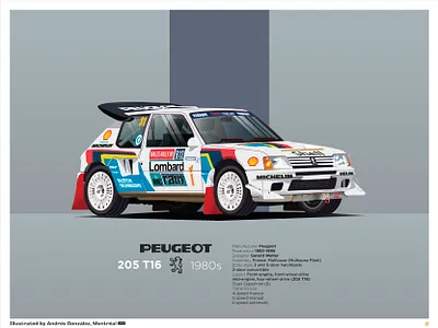 Peugeot 205 T16 audi audi quattro car design dribbble invite flat graphic illustration illustrator ilustracion peugeot peugeot 205 t16 prints race car rally rally car rally championship sale sport car vector