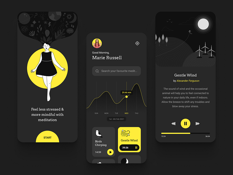 Meditation App clean design exercise flat health illustraion inspiration meditation mindfulness mobile onboarding player relax relaxing ui ux wellness yellow yoga