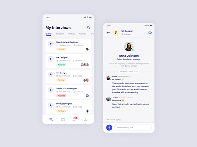 Job Search and Talent Acquisition Mobile App chat clean ui design hiring hiring platform human resources interview job app jobs jobseeker message app minimalist mobile mobile app mobile design mobile ui ui ux work