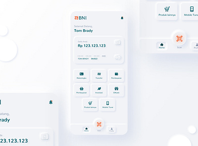 BNI Mobile Banking Apps - Neumorphism Style Exploration bankingapp ewallet exploration figma home screen homepage mbanking mobilebanking neumorphism skeuomorphism uidesign uiux user experience user interface userinterface